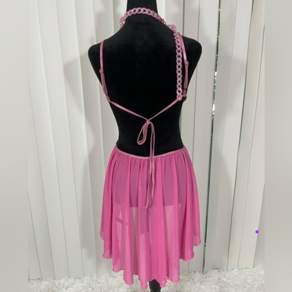 CLUB EXX Back For Revenge Mesh Babydoll Chemise Rave Bra Top Chain Straps Pink L - Picture 2 of 3